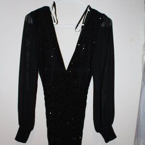 Black Long Sleeve Mini Dress Deep V